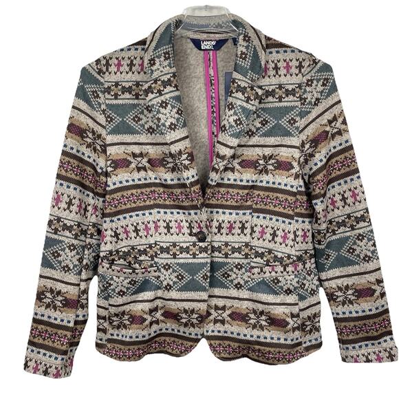 Land's End Sweater Fleece Blazer Women Small Fair Isle Tribal Casual Boho NWOT - Picture 1 of 14